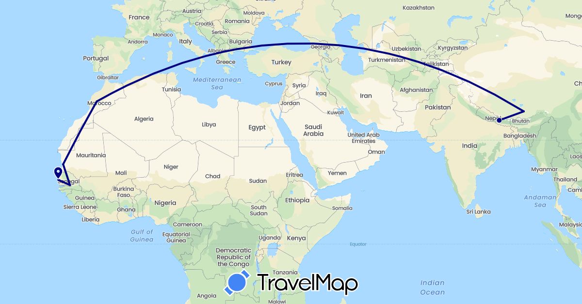 TravelMap itinerary: driving in China, Mauritania, Nepal, Senegal (Africa, Asia)